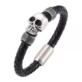 Punk Men Bracelet Skull Round Rope Stainless Steel Bangle Fashion Male Jewelry Wristband Gift 165mm чёрный