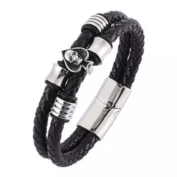 Punk Men Bracelet Spades Skull Head Charms Trendy Bracelet Male Black Fashion Braided Leather Bracelets 165mm чёрный