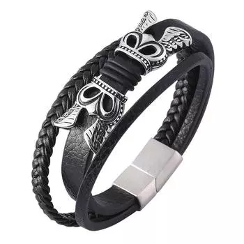 Punk Men Multilayer Leather Bracelets Braided Rope Charm Bracelets Stainless Steel Magnetic Clasp Wristband Male Gift BB0447 165mm чёрный