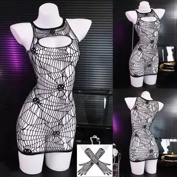Панк Сетчатое Платье Паутина Ночная Сорочка Женская Сексуальная Ночная Сорочка