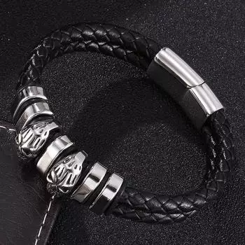 Punk Rock Skull stainless steel Charm Bracelet Of Men Jewelry Braided Double layer Rope Leather Bangles Male Gift 165mm чёрный