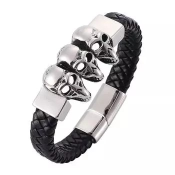 Punk Stainless Steel Skeleton Skull Bracelet Men Magnetic Buckle Bangles Fashion Braided Leather Bracelet Jewelry Gift BB918 165mm чёрный