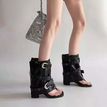 Punk style black rivet toe herringbone cool boots women s shoes 2025 summer new retro buckle Spice Girls trouser boots 35 чёрный
