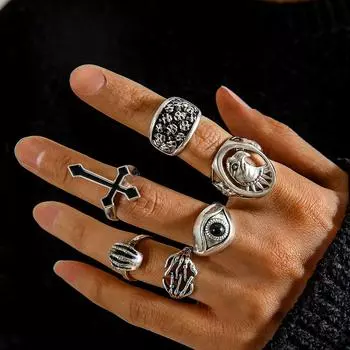 Punk Style Cross Skull Ring Six-Piece Personality Exaggerated Eyes Eagle Men s Ring Set