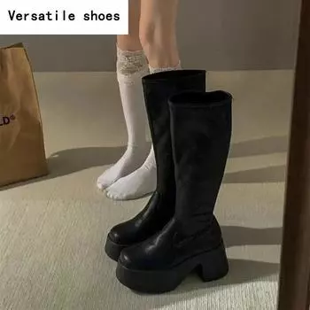 Punk Style Platform Women Knee High Boots Fashion Slip On Thick Heel Shoes Ladies Concise Knight Long Botas De Mujer 35