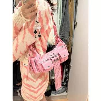 Punk Style Retro Personalized Rivet Motorcycle Bag Women Trendy Large Capacity Sweet Cool Gyaru Underarm Bag Shoulder Messenger Bag Pink