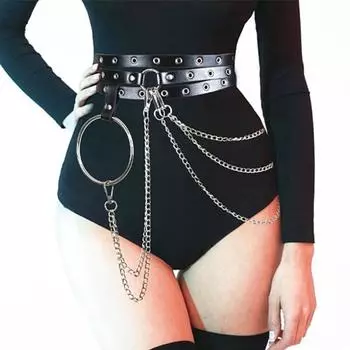 Punk Women Faux Leather Harness Garter Belt Strap Waistband Binding Chain Black