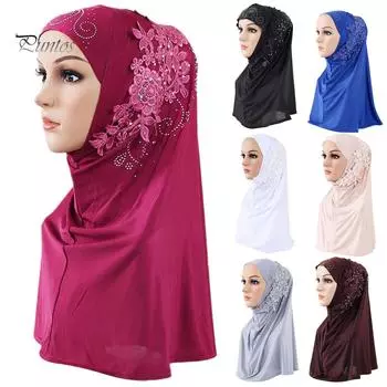 Puntos однотонный женский кружевной хиджаб со стразами, шарф, головной убор кофейный