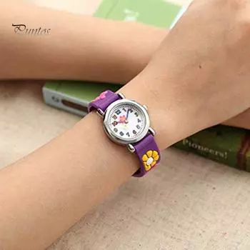 Puntos Симпатичный цветок бабочка силикагель Ремешок Круглый циферблат Аналоговые кварцевые детские наручные часы розовый