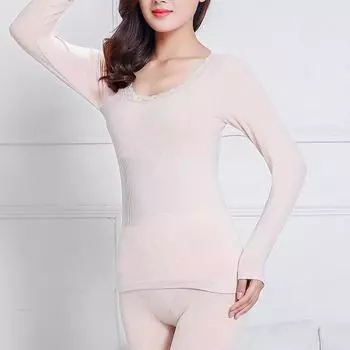 Puntos Women O Neck 2Pcs Winter Top Long Pants Термобелье Shaper Sleepwear Set абрикосовый