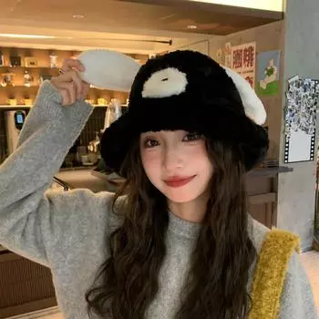 Puppy ears bucket hat winter big head circumference plush bucket hat cute face small warm hat trend M56-58cm белый