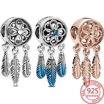 Романтичный ловец снов из чистого серебра 925 пробы с перьями и кисточками, бусины, подходит для оригинального браслета бренда, ювелирные изделия своими руками