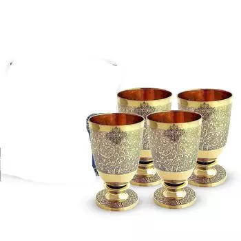 Pure Brass Glass Tumbler with Goblet Design - 350 ml, Embossed, Drinking and Serving Water, Yoga and Ayurveda, 4 Piece