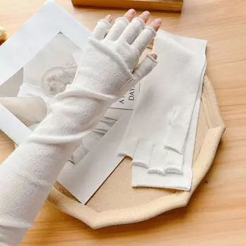 Pure Color Knitting Wool Half Finger Gloves Female Fall and Winter Open Finger Touch Screen Arm Guard Outdoor Play Easiest for Match Oversleeve White half finger-C58 sleeve