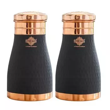 Pure Copper Bedroom Bottle with Inbuilt Glass, Grey Silk Finish Hammered Design, Volume-900 ML (Pack of 2)