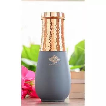 Pure Copper Bedroom Water Bottle, Vase Design Half Gray Silk Half Hammered Finish - Volume 1425 ml (Pack of 1)