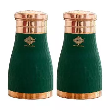 Pure Copper Bedroom Water Bottle with Inbuilt Glass, Green Silk Finish Hammered Design, Volume - 1 Litre (Pack of 2)