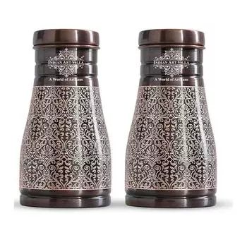 Pure Copper Bedroom Water Bottle with Inbuilt Glass, Dark Embossed Design 900 ML Capacity (Pack of 2)