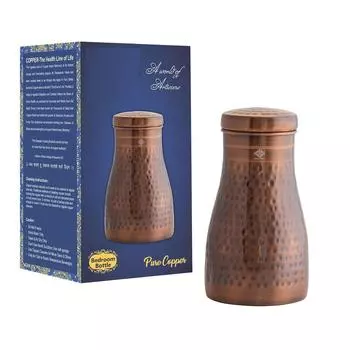 Pure Copper Bedroom Water Bottle with Inbuilt Glass, Hammered Antique Design - Drinkware & Storage Purpose, Volume 950 ml