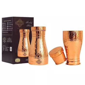 Бутылка для воды для спальни из чистой меди со встроенным стеклом, кованым блестящим дизайном, посудой для питья и предназначением для хранения, 1 литр (Упаковка из 2 шт.)