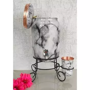 Pure Copper Black & White Marbel Printed Design Water Pot Heavy Gauge with Brass Tap & Copper Glass & Stand, Storage & Serving Water, Volume- 5 Liters
