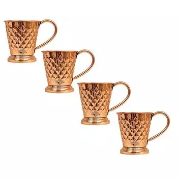 Pure Copper Bucket Shaped Diamond Hammered Design Moscow Mule Beer Mug Cup, Best for Beer Cocktail Parties, Barware, Volume-450ML, Set of 4