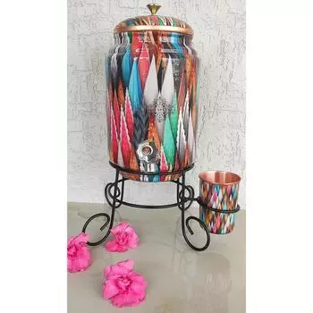 Pure Copper Colorful Spikes Printed Design Water Pot Heavy Gauge with Brass Tap & Copper Glass & Stand, Storage & Serving Water, Volume- 5 Liters