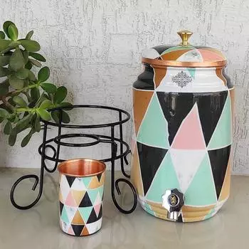 Pure Copper Colorful Triangle Printed Design Water Pot Heavy Gauge with Brass Tap & Copper Glass & Stand, Storage & Serving Water, Volume- 5 Liters