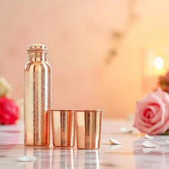 Pure Copper Drinkware Gift Set – Embossed Design with 1 Bottle (900 ML) & 2 Glasses (300 ML) in a Blue Box – Gifting Item for Diwali, Weddings,