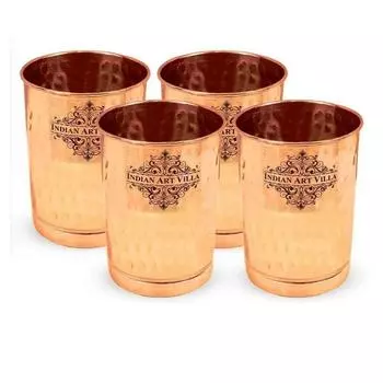 Pure Copper Plain Glass with Hammered Design, Drinking Serving Water, Yoga Ayurveda, Volume-300 ml, Pack of 4
