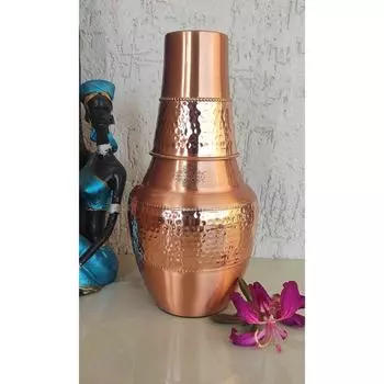 Pure Copper Printed with Health Benefits, Inbuilt Glass, Bedroom Water Bottle for Storage Purpose (Half Hammered Surahi Shape, 1300 ml) Set of 1