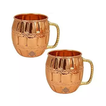 Pure Copper Round Shaped Barrel Design Moscow Mule Beer Mug Cup, Best for Beer Cocktail Parties, Barware, Volume-600ML, Set of 2