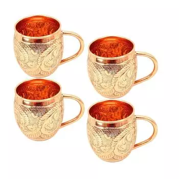 Pure Copper Round Shaped Flower Embossed Design Moscow Mule Beer Mug Cup, Best for Beer Cocktail Parties, Barware, Volume-450ML, Set of 4