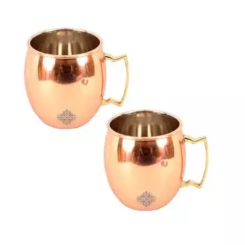 Pure Copper Round Shaped Plain Design Moscow Mule Beer Mug Cup, Volume-530ML, Set of 2