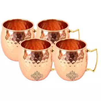 Pure Copper Round Shaped Shine Hammered Design Moscow Mule Beer Mug Cup, Best for Beer Cocktail Parties, Barware, Volume-530ML, Set of 4