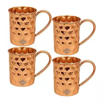 Pure Copper Straight Shaped Diamond Design Moscow Mule Beer Mug Cup , Best for Beer Cocktail Parties, Barware, Volume-500ML, Pack of 4
