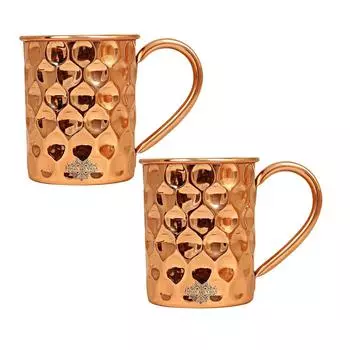 Pure Copper Straight Shaped Diamond Design Moscow Mule Beer Mug Cup, Best for Beer Cocktail Parties, Barware, Volume-500ML, Set of 2