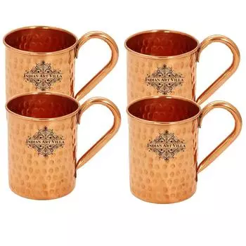 Pure Copper Straight Shaped Hammered Design Moscow Mule Beer Mug Cup, Best for Beer Cocktail Parties, Barware, Volume-415ML, Set of 4