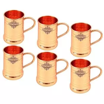 Pure Copper Tankard Shaped Ringed Design Moscow Mule Beer Mug Cup, Best for Beer Cocktail Parties, Barware, Volume-600ML, Set of 6