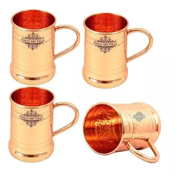 Pure Copper Tankard Shaped Ringed Design Moscow Mule Beer Mug Cup, Best for Beer Cocktail Parties, Barware, Volume-600ML, Set of 4