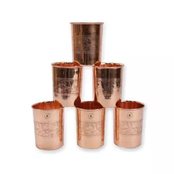 Pure Copper Water 6 Glass Set Hand Made | With Beautifully Embosed Engraving Design | Drinkware with Ayurvedic Health Benefits