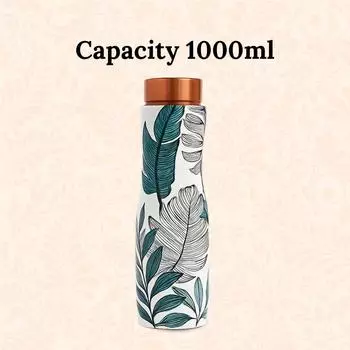 Pure Copper Water Bottle 1L | Ayurvedic Pure Copper Water Bottle with Leakproof Lid | 1L Water Bottle for Office & Gym (Green Floral)