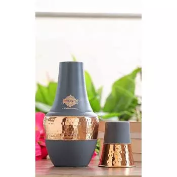 Pure Copper Water Bottle with Inbuilt Glass, Surahi Design Grey Half Silk Half Hammered Finish - Storage & Drinkware, Volume 1250 ml (Pack of 1)