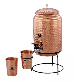 Pure Copper Water Dispenser Matka Vessels Pot 5000 ml with Stand and 2 Glass (коричневый)