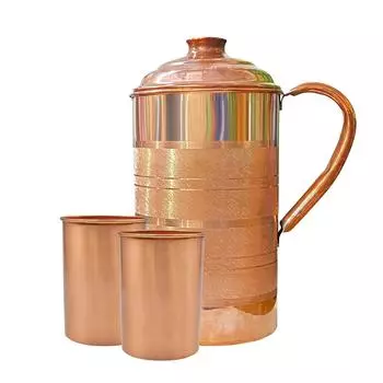 Pure Copper Water Jug 1.5 Litre with 2 Copper Glasses (300ml Each) | Ayurvedic Copper Pitcher Set for Drinking & Storage for Health & Wellness