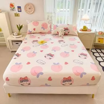 Pure Cotton Bedsheets Skin-friendly Fitted Sheet Cartoon Style Bed Linen Queen Size Bed Cover sabanas (Pillowcase Need Order) Queen 150x200cm 1pc