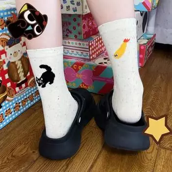 Pure Cotton Black Cat Cat And Yellow Fish Socks Female Japanese Cute Cartoon Flocking Idea Yarn Middle Tube One Size
