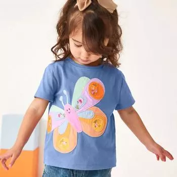 Футболка из чистого хлопка с вышивкой в виде бабочки для девочек 2025 года, летняя футболка с коротким рукавом для девочек, синие топы, футболки, детская одежда 3Y