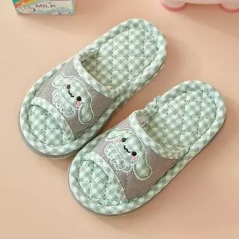 Pure Cotton Cartoon Kids Fall and Winter Non Slip Floor Slippers Fabric Green L Plus size inner length 22cm
