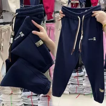 Pure Cotton Casual Sports Pants Female 2025 Spring New Arrival Loose Easiest for Match Cropped Pants Western Style Slimming Small Sweatpants Navy L